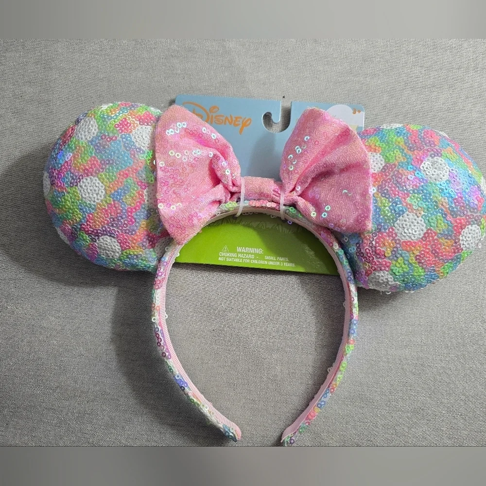 Disney Sequin Rainbow Minnie Ears Headband with Pink Bow - Picture 1 of 6
